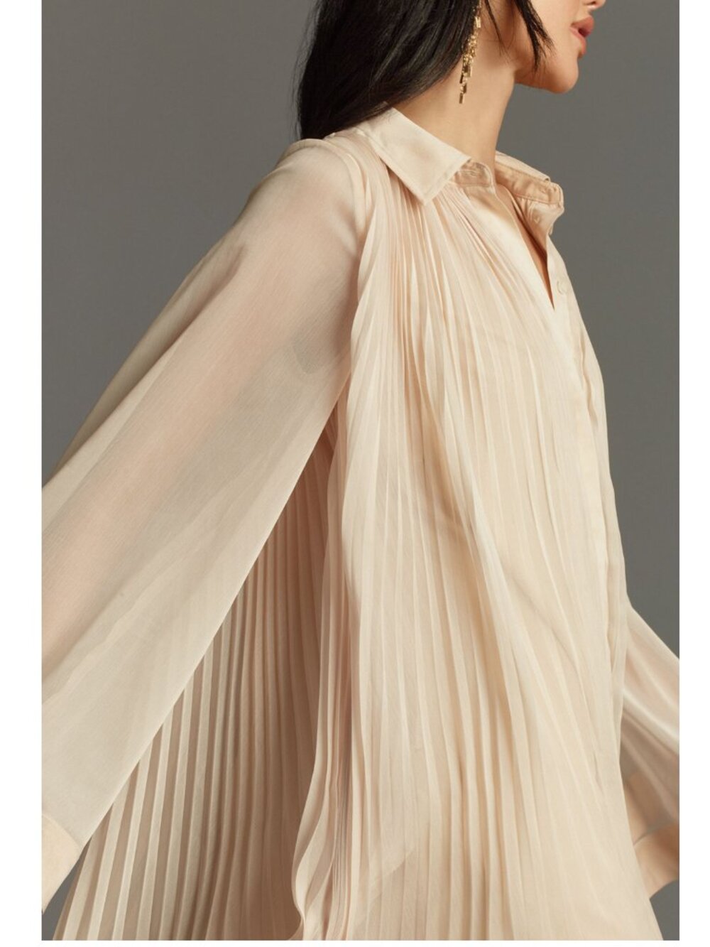 Anthropologie Maeve Long-Sleeve Pleated Mini Shirt Dress Neutral Cream S - Picture 3 of 12
